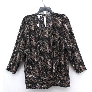 Jaclyn Smith Blouse Womens Size XXL Black Brown Brush Print Knot Front Top